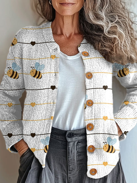 Funny Bee Flower  Art Print Buttoned Cardigan Sweater