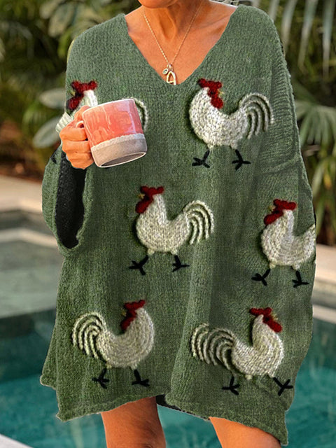 Women's Funny Chicken  Art Print Casual Pullover Sweater