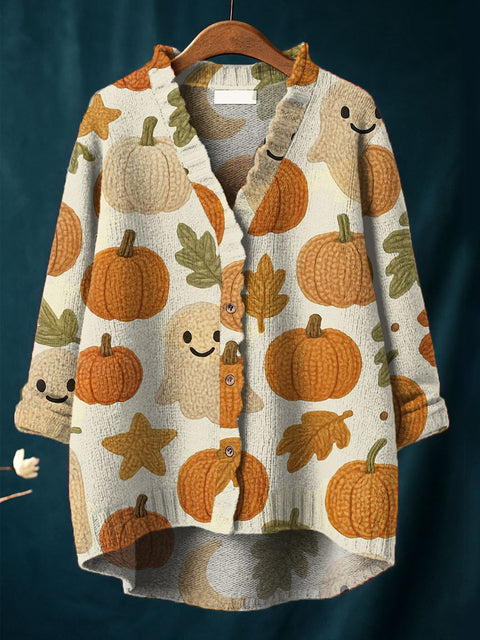 Women's  Pumpkin Ghost Art Print Casual Pullover Sweater