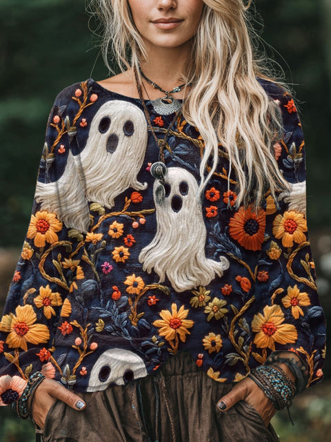 Women's  Ghost Flower Art Print Casual Cotton And Linen Shirt