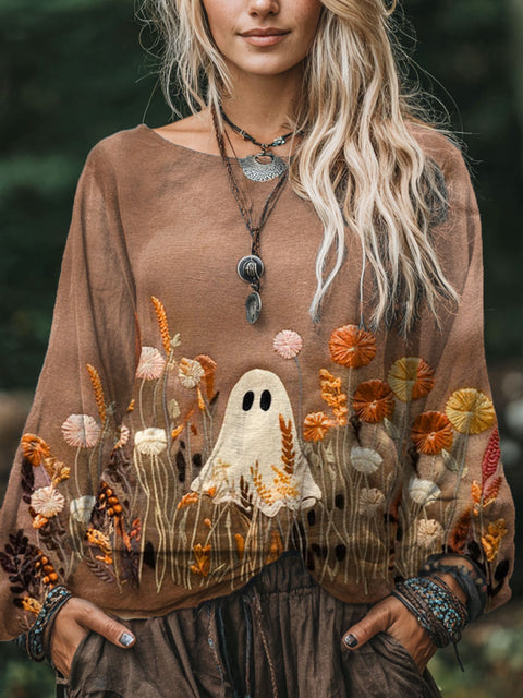 Women's  Ghost Flower Art Print Casual Cotton And Linen Shirt