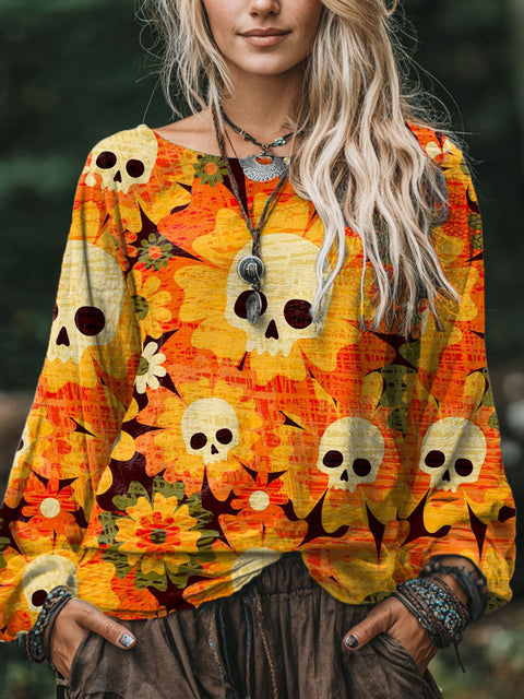 Women's  Flower  Skeleton Art Print Casual Cotton And Linen Shirt
