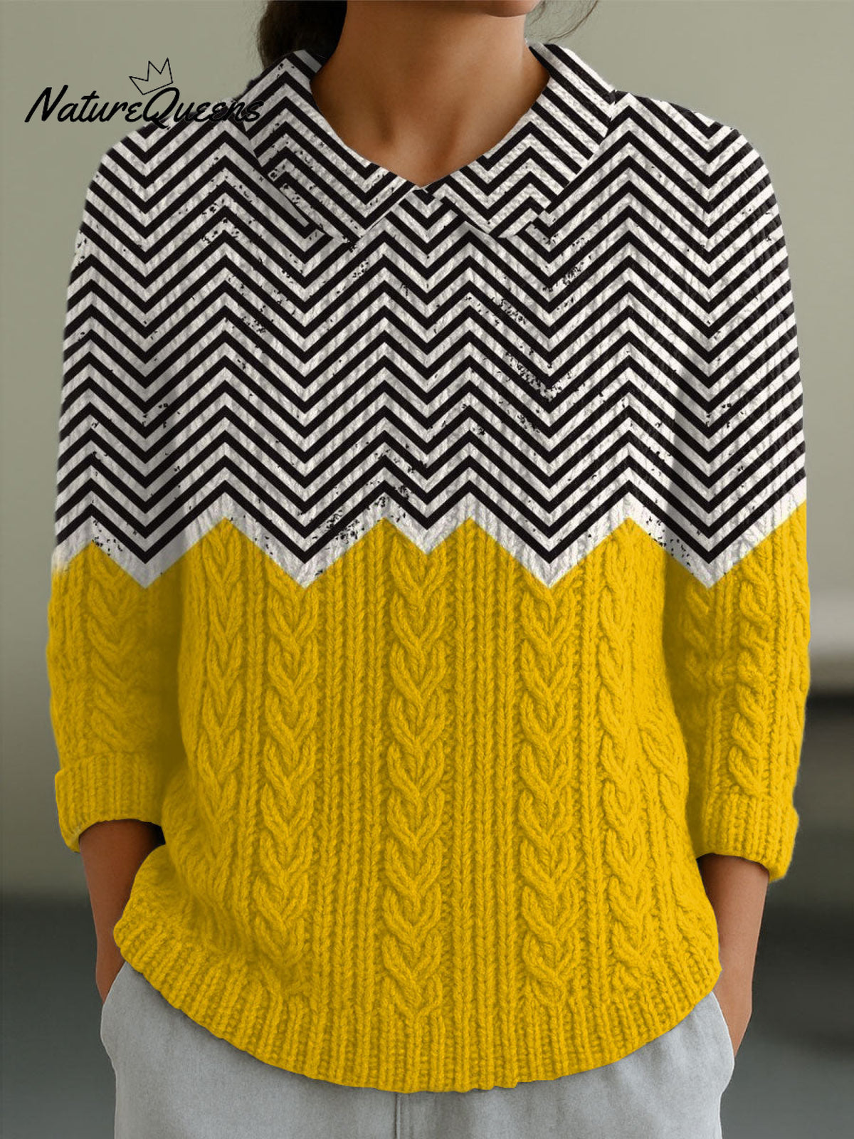 Women's VintageAbstract GeometricArt Print Casual Peter Pan Collar 3/4 Sleeve Sweater