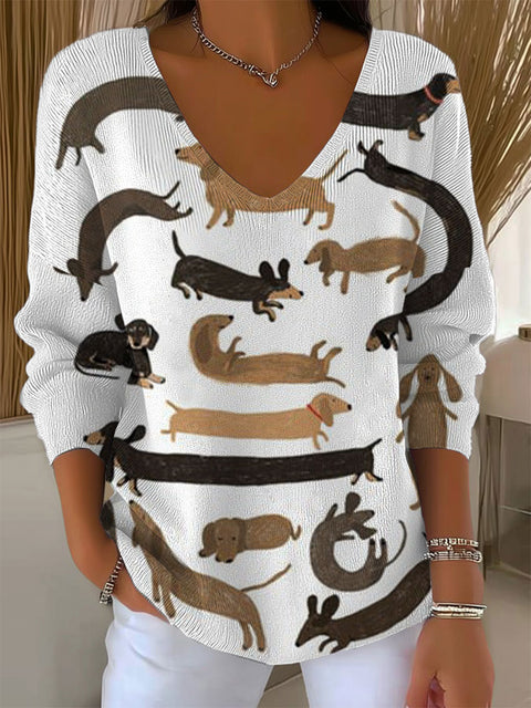 Women's Funny  Dachshund Art Print Casual Pullover Sweater