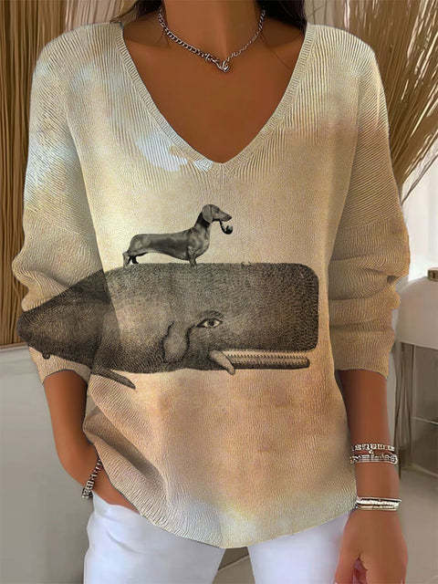 Women's Funny  Dachshund Art Print Casual Pullover Sweater