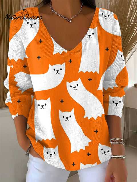 Women's Funny  Cat Art Print Casual Pullover Sweater