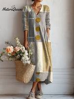 Women's Vintage Abstract GeometryArt Print Linen Pocket Tunic Dress