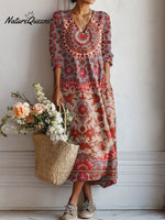 Women's Vintage Flower Art Print Linen Pocket Tunic Dress