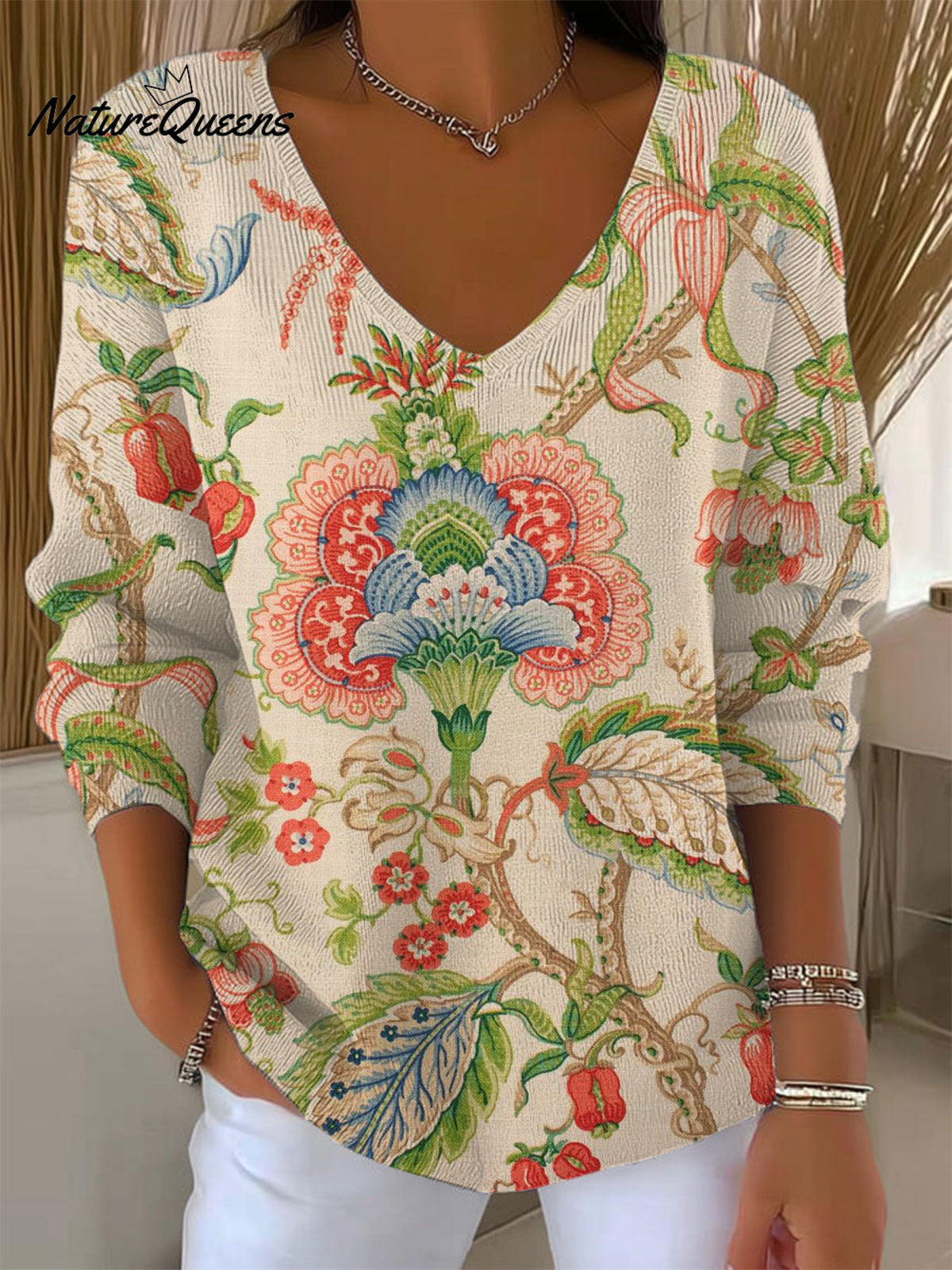 Women's Vintage Flower Art Print Casual Pullover Sweater