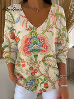 Women's Vintage Flower Art Print Casual Pullover Sweater