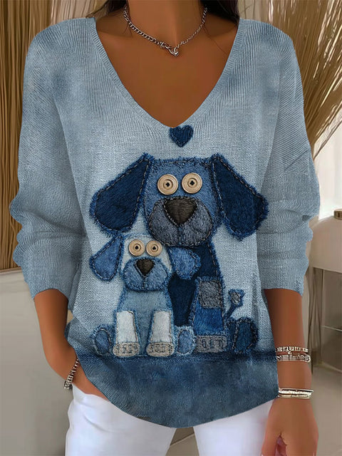 Women's Funny Dog Art Print Casual Pullover Sweater
