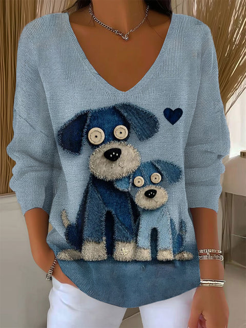 Women's Funny Dog Art Print Casual Pullover Sweater