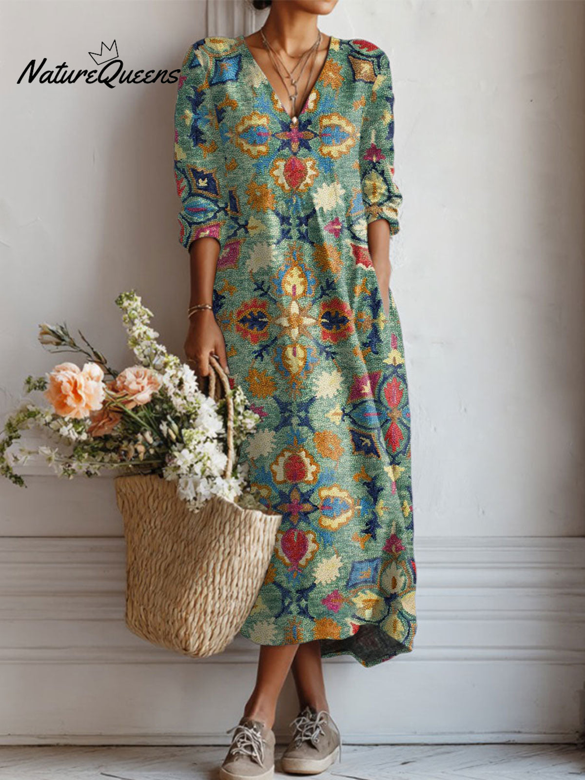 Women's Vintage Flower Art Print Linen Pocket Tunic Dress