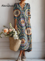 Women's Vintage Flower Art Print Linen Pocket Tunic Dress