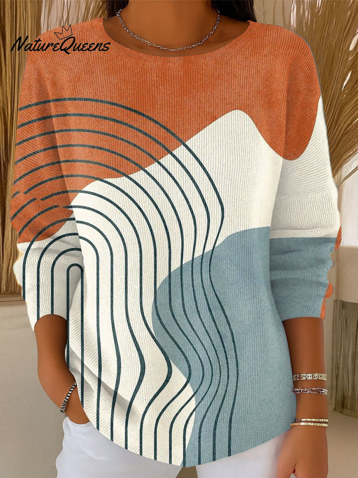 Women's Vintage Abstract Geometric Art Print Casual Pullover Sweater
