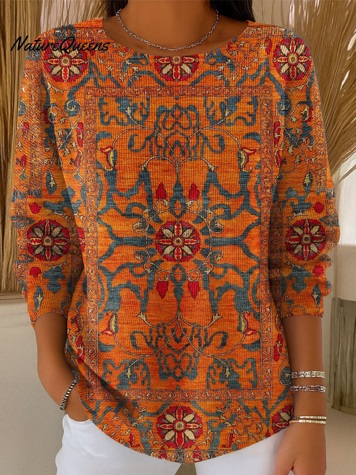 Women's Vintage Flower Art Print Casual Pullover Sweater