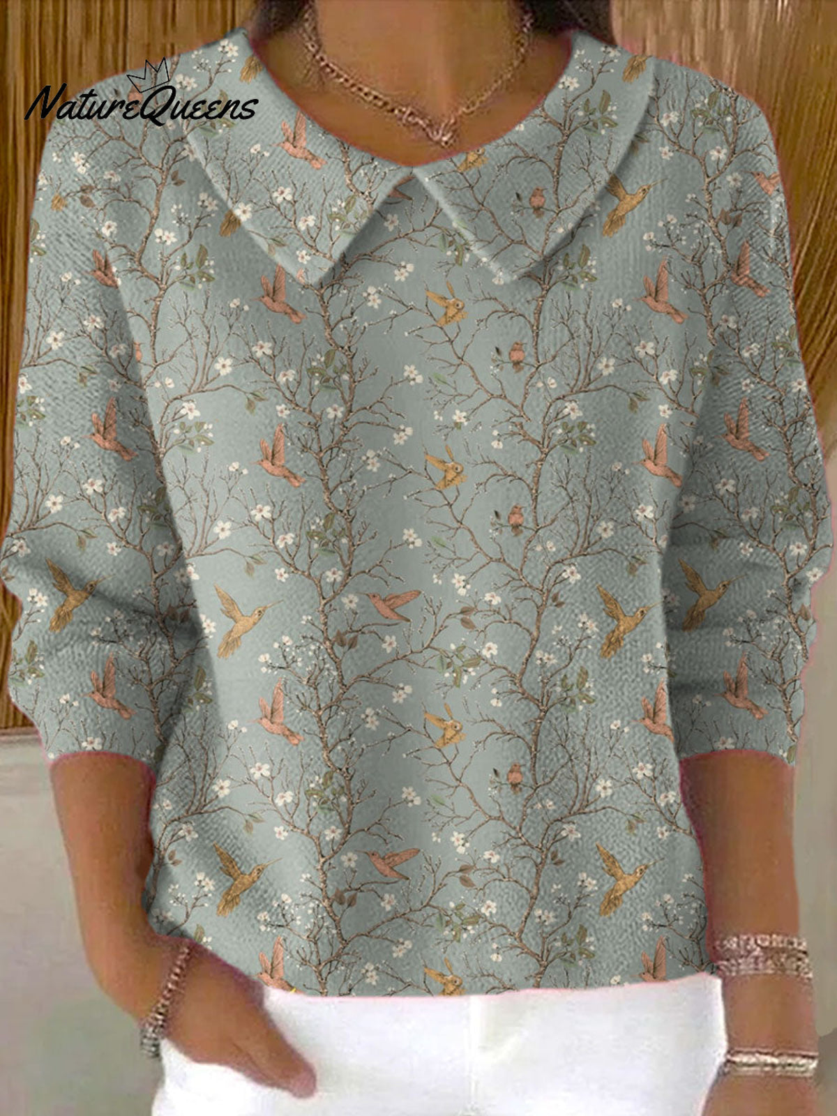 Women's Vintage Flower Art Print Casual Peter Pan Collar 3/4 Sleeve Sweater