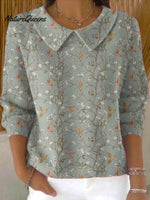 Women's Vintage Flower Art Print Casual Peter Pan Collar 3/4 Sleeve Sweater