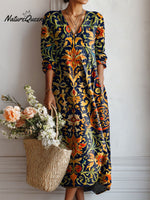 Women's Vintage Flower Art Print Linen Pocket Tunic Dress