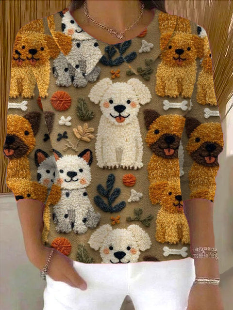 Women's  Funny Furry Dog  Art Print Casual Peter Pan Collar 3/4 Sleeve Sweater