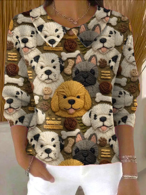 Women's  Funny Furry Dog  Art Print Casual Peter Pan Collar 3/4 Sleeve Sweater