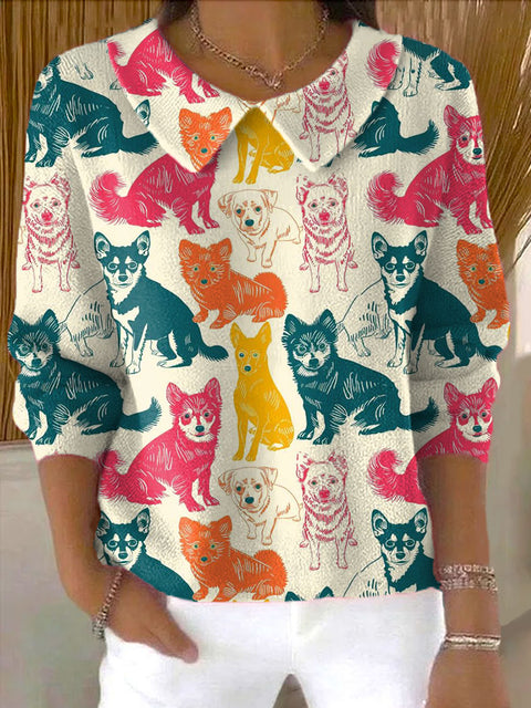 Women's  Funny  Dog  Art Print Casual Peter Pan Collar 3/4 Sleeve Sweater