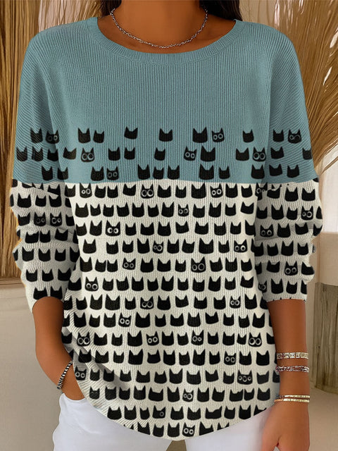 Women's Mid Century Modern Cat Art Print Casual Pullover Sweater