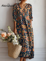 Women's Vintage Flower Art Print Linen Pocket Dress