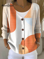 Vintage Abstract Geometry Art Print Buttoned V-neck Cardigan Sweater