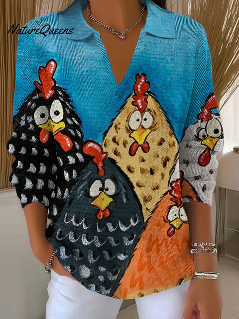 Women's Funny Chicken Art Printed Casual Sweater