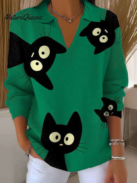 Women's Funny Cat Art Printed Casual Sweater