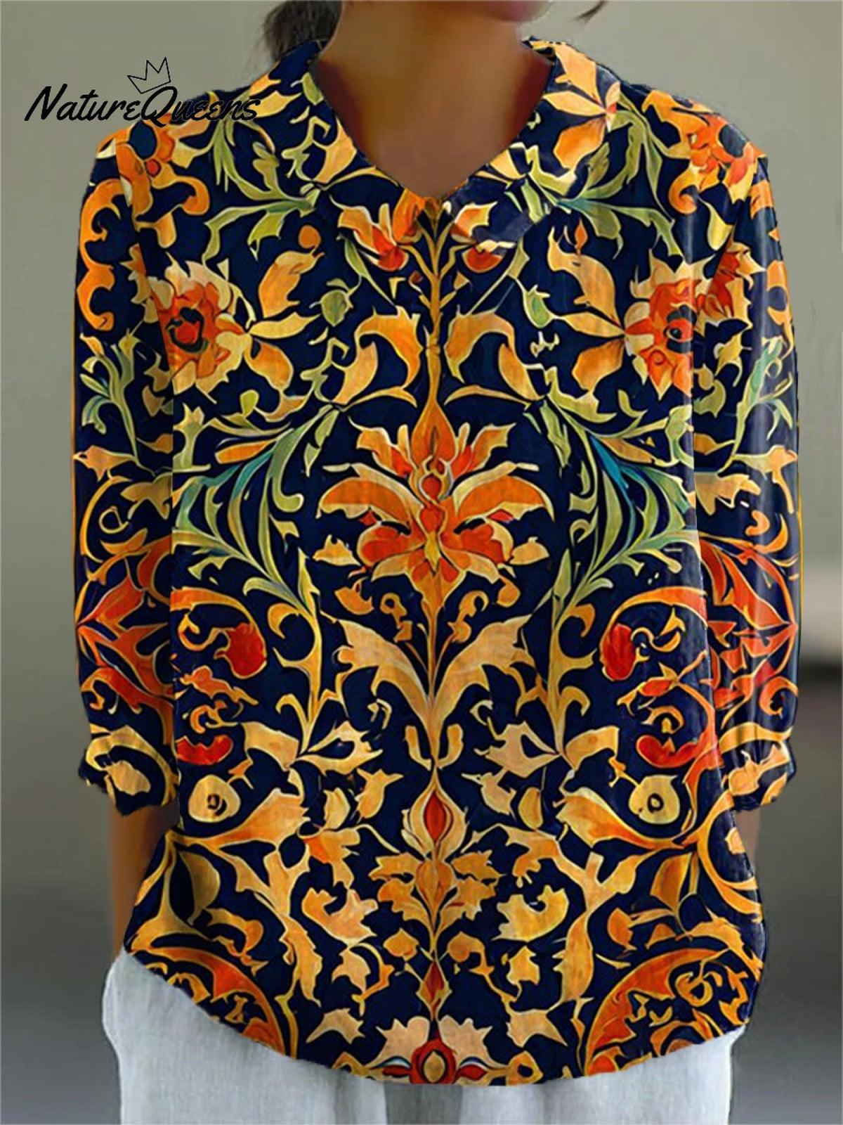 Women's Vintage Flower Art Print Linen Pocket Tunic Dress