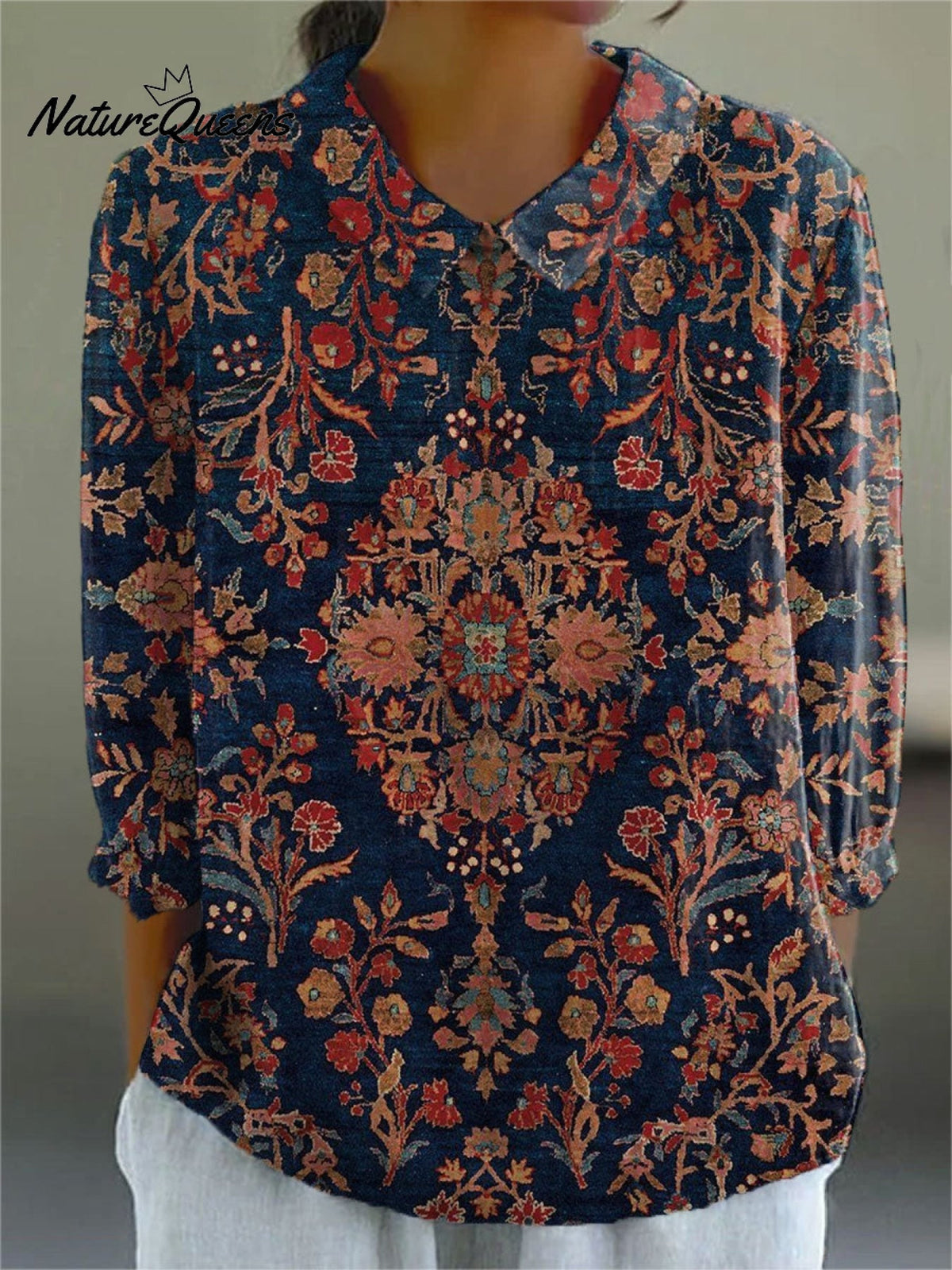 Women's Vintage Flower Art Print Linen Pocket Tunic Dress