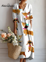 Women's Vintage Dachshund Art Print Linen Pocket Dress
