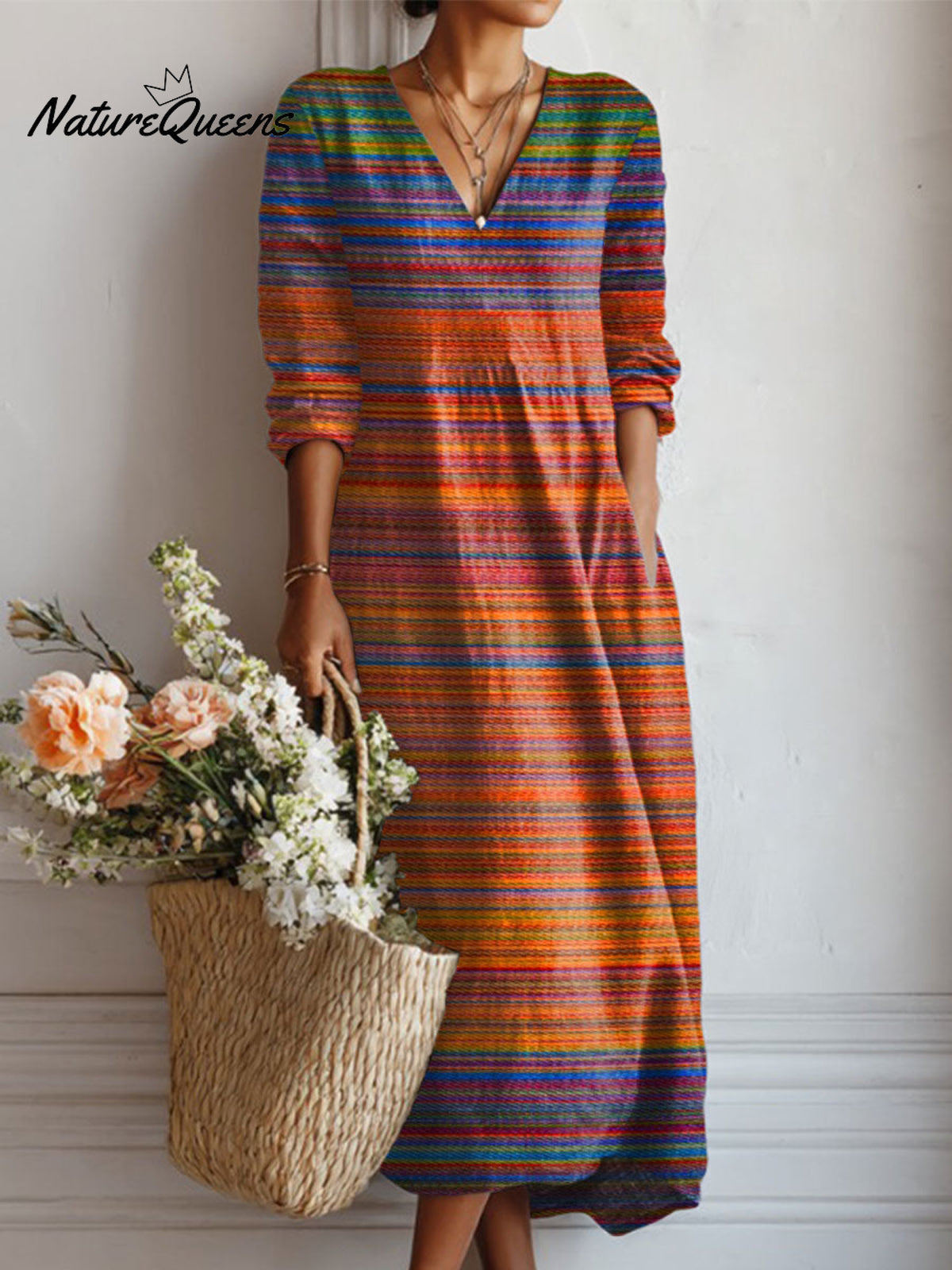 Women's VintageGradient Art Print Linen Pocket Dress