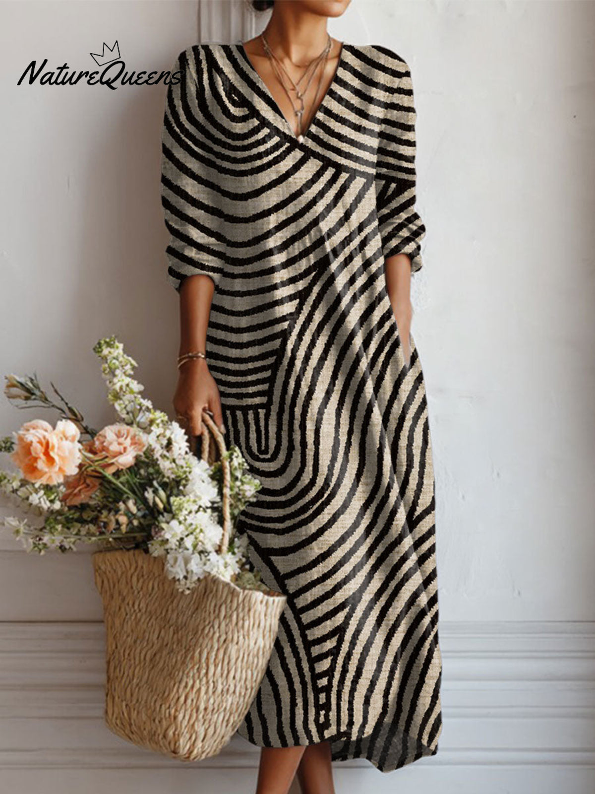 Women's Vintage Abstract Geometry Art Print Linen Pocket Dress