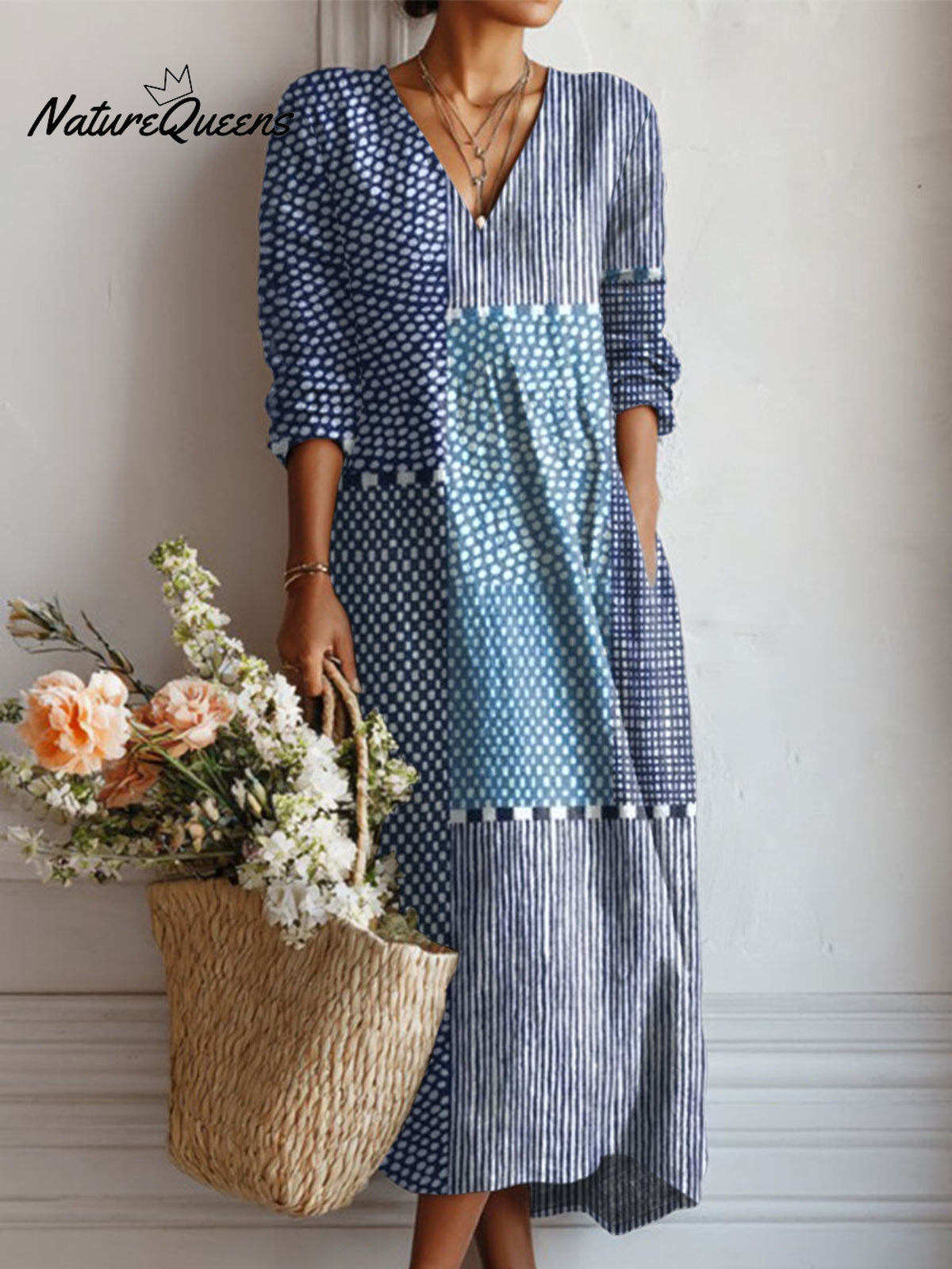 Women's Vintage Abstract Geometry Art Print Linen Pocket Dress