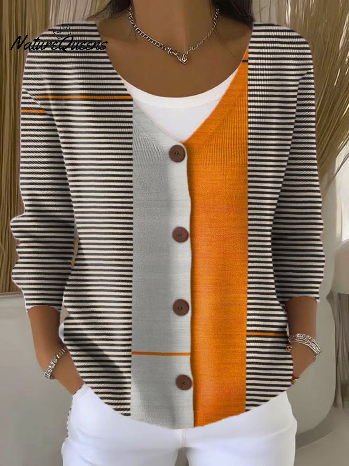 Vintage Abstract Geometry Art Print Buttoned V-neck Cardigan Sweater