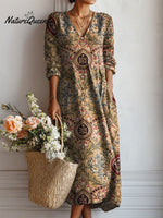Women's Vintage Flower Art Print Linen Pocket Dress