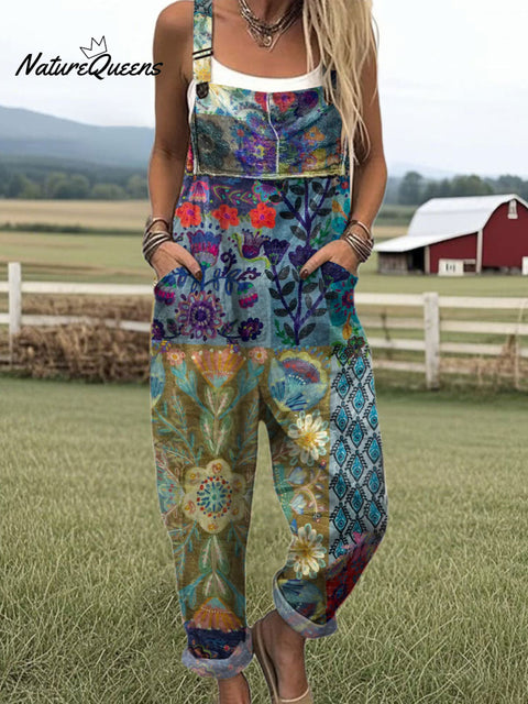 Women's  Patchwork Floral Art Print Casual 100% Cotton Wide Leg Jumpsuit