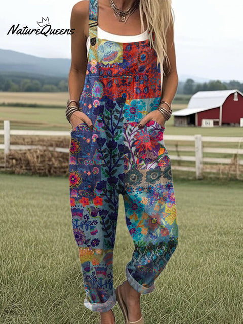 Women's  Patchwork Floral Art Print Casual 100% Cotton Wide Leg Jumpsuit