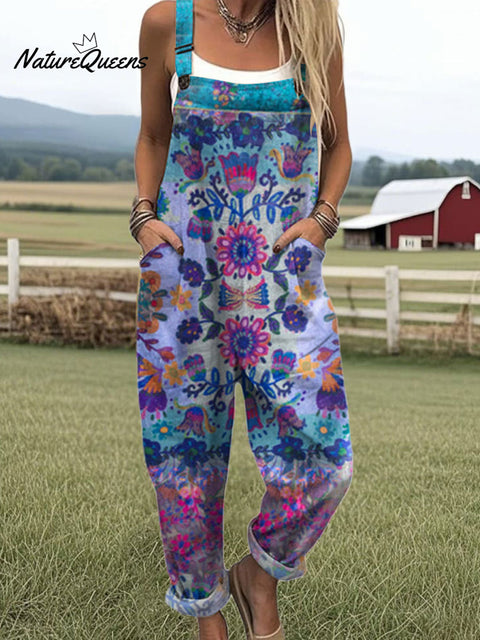 Women's  Patchwork Floral Art Print Casual 100% Cotton Wide Leg Jumpsuit