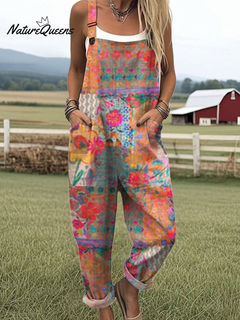 Women's  Patchwork Floral Art Print Casual 100% Cotton Wide Leg Jumpsuit