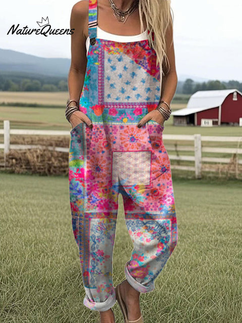 Women's  Patchwork Floral Art Print Casual 100% Cotton Wide Leg Jumpsuit