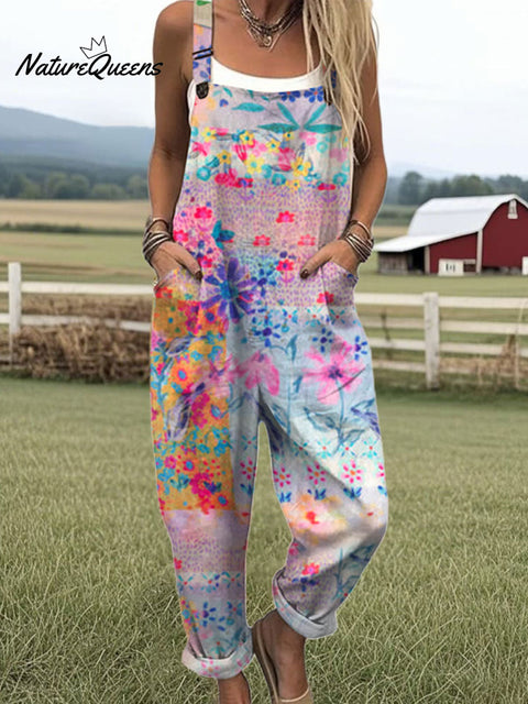 Women's  Patchwork Floral Art Print Casual 100% Cotton Wide Leg Jumpsuit