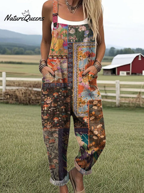 Women's  Patchwork Floral Art Print Casual 100% Cotton Wide Leg Jumpsuit