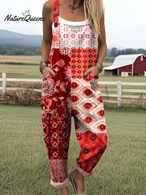 Women's  Patchwork Floral Art Print Casual 100% Cotton Wide Leg Jumpsuit