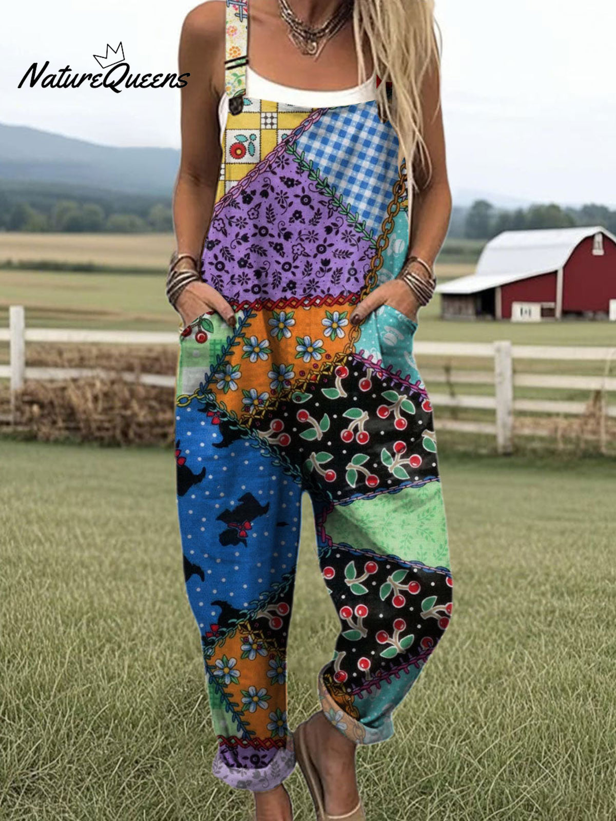 Women'sPatchwork Floral Art Print Casual 100% Cotton Wide Leg Jumpsuit