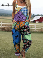 Women'sPatchwork Floral Art Print Casual 100% Cotton Wide Leg Jumpsuit