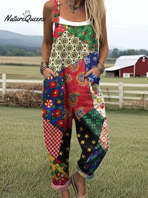 Women's  Patchwork Floral Art Print Casual 100% Cotton Wide Leg Jumpsuit